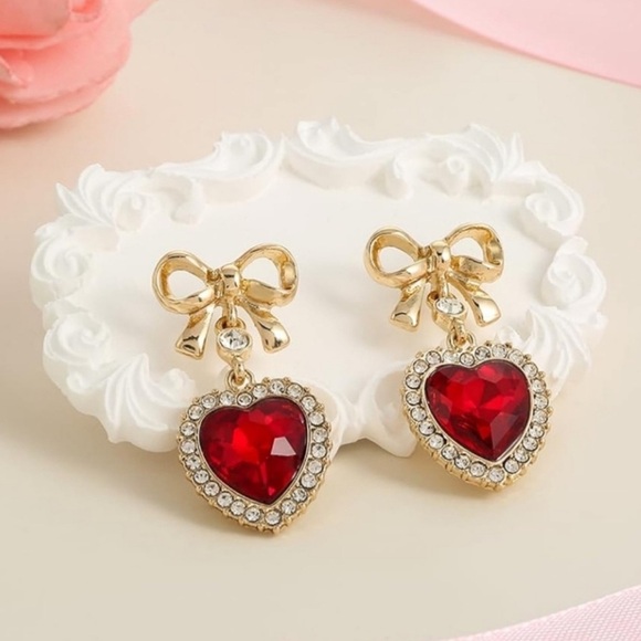 Anthropologie Red Crystal Heart Drop Earrings - Picture 1 of 4